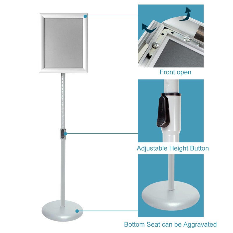 IN WHICH BAY Adjustable Pedestal Poster Sign Stand with Heavy Duty Base Sign Holder Aluminum Snap Open Frame for 8.5 x 11 inches Both Vertical and Horizontal View Displayed Used for Living and Business(Silverï¼‰ - Image 2